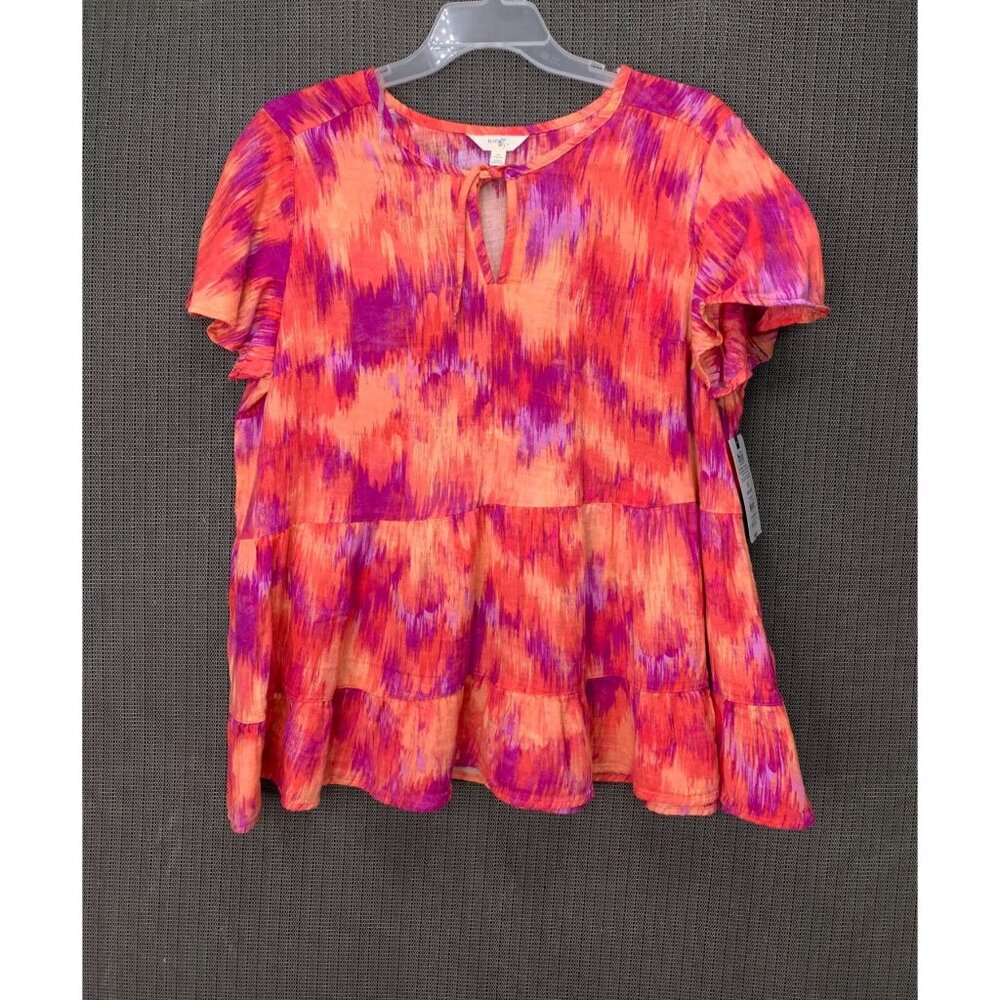 Terra & Sky Womens Plus Size 1X Orange & Pink Tie-Dye Tiered Swing Top